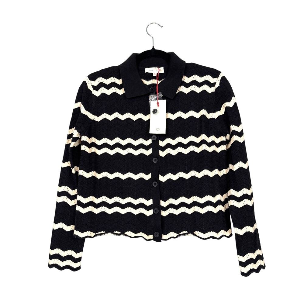 Solitaire Womens M Black Cream Knit Sweater Cardigan Skirt Set NWT Casual Chic